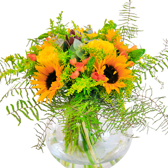 From the moment you lay eyes on this vibrant Stanmore bouquet, it radiates sunlit joy and abundance. Towering sunflowers lead the way, anchoring the composition with golden petals that glow like the afternoon light streaming across Stanmore Hill. Around them, lush yellow garden roses open in tightly packed spirals, their elegant form softened by feathery fern and sprawling sprays of solidago which spill gracefully past the vase's rim-mirroring the gentle wildness of local woodland trails. Bright red Hypericum berries glisten like scattered jewels, adding flashes of contrast among the velvety petals and cool, layered greens. Eucalyptus leaves, tinged blue-green, wind gently through the arrangement, infusing a touch of rustic sophistication and a faintly refreshing aroma. The contemporary round glass vase showcases the bouquet's structural artistry, with neat stems poised in clear water, symbolizing both freshness and heart. This detailed floral composition, perfect for commemorating birthdays, anniversaries, or sending cheer, is crafted by local Stanmore florists inspired by the neighbourhood's parks and gardens. Every stem and petal is selected to evoke warmth, celebration, and the timeless beauty of HA7's own backyard.