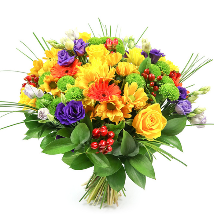 A lavish, round bouquet fills the frame against a pristine white background, its colours radiating outward in a joyful burst that feels perfectly at home in the bright, leafy streets of Stanmore. The composition is dense and carefully structured, with each bloom nestled closely, giving the impression of abundance without a single gap. The warm heart of the bouquet is formed by yellow roses and yellow chrysanthemums, their shades ranging from soft butter to rich marigold. Some roses appear tightly coiled, their petals forming precise spirals, while others are more open, showing their textured centres. The chrysanthemums, with their many fine petals, create fluffy, cloud-like forms that soften the structure. Punctuating this warmth, orange gerbera daisies stand proudly, their flat, open faces and intricate central discs acting like little suns scattered throughout the arrangement, supported by smaller orange daisy-like flowers that echo their tone. Threaded through this golden-orange glow, deep purple lisianthus blossoms introduce drama and sophistication, their velvety petals curling inwards and catching gentle highlights, while a few lighter lavender and cream buds promise blooms still to come. Lime-green button chrysanthemums add a lively, almost citrusy note, their compact, spherical heads giving visual rhythm and a playful edge. Among the petals, clusters of shiny red Hypericum berries provide tiny, polished accents, suggesting a sense of celebration suited to birthdays, anniversaries, or thank-you gifts across the HA7 community. A base of glossy dark green foliage cradles the colours, while slender blades of ornamental grass rise and curve above, lending movement and an airy elegance. The visible stems are neatly gathered and tied, ready for same-day delivery from Flowers Stanmore to homes near Stanmore station, Bentley Priory, or along Stanmore Hill.