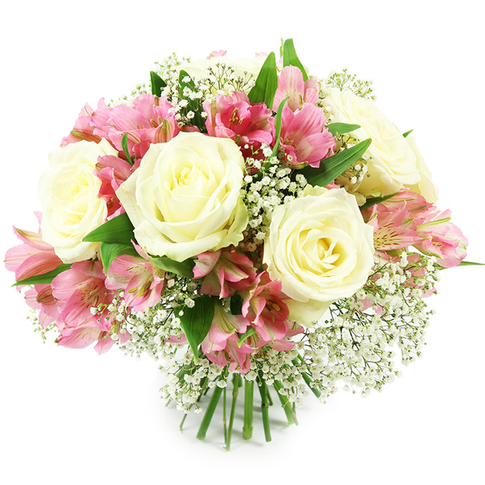A lush bouquet of creamy white roses, pink alstroemeria, and delicate white baby's breath is shown against a pristine white background, its hand-tied structure and rounded silhouette indicative of skilled craftsmanship from an experienced Stanmore florist. Several prominent white roses form the backbone of the design, their blooms full and rounded, with tightly layered petals that curve inwards to create a slightly cupped shape. The outer petals are a soft, milky white, while the centres glow faintly with a creamy, almost buttery undertone, adding warmth and a hint of vintage charm. Threaded among these roses, alstroemeria blooms bring energy and contrast; their elongated petals fan outward in shades of pale pink through to vibrant fuchsia, with darker rose-coloured streaks and fine speckles providing intricate detail. Interwoven with both rose and alstroemeria stems are abundant sprays of Gypsophila. Its countless tiny white flowers form light, cloud-like puffs that soften the composition, giving it an airy, romantic feeling. Around the edges, glossy green leaves peek through, the foliage providing depth and a fresh, garden-picked impression reminiscent of floral walks near Stanmore Golf Course or along the quiet residential streets off The Broadway. The bouquet's stems are visible at the base, gathered firmly together and cut evenly, showing it is ready to slide into a glass or ceramic vase on a Stanmore dining table or office desk. Clear, even lighting illuminates each petal and leaf without harsh shadows, highlighting the contrast between creamy whites, lively pinks, and cool greens. The overall effect is one of timeless elegance and gentle affection, a versatile arrangement ideal for anniversaries, birthdays, get-well wishes, or simple everyday appreciation delivered throughout Stanmore.