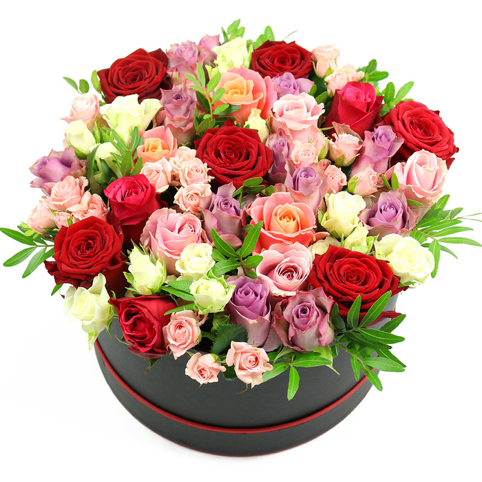 A chic black hat box with a subtle red trim holds an extravagant dome of roses, captured in a clean, studio-style shot against a plain white background. The box's smooth, dark surface and fine red line around the base give it an understated, modern luxury, similar to the stylish gift boxes you might see carried along Stanmore's Broadway on a special occasion. From the top, the roses surge outwards and upwards, packed closely together into a rounded, cushion-like form that seems almost weightless despite its density. The colour palette centres on velvety reds-crimson, wine, and scarlet-whose lush petals evoke deep affection and drama. Interlaced with these are layers of blush and powder pink roses, vibrant fuchsia accents, and warm coral, peach, and apricot tones that soften and brighten the overall impression. Creamy white and ivory roses are scattered thoughtfully through the design, bringing light and clarity, while refined lavender and pale purple flowers lend a cool, graceful contrast. Each rose is at a different stage of opening: some are tight, cup-shaped buds; others are half-open, with their inner spirals just visible; and the most mature blooms are fully expanded, showing ruffled edges and intricate centres. Between the roses, slender stems of fresh green foliage appear, likely ruscus or eucalyptus, their narrow leaves adding height, depth, and a touch of woodland freshness. The lighting is even and soft, emphasising the natural richness of the colours without harsh shadows. This arrangement looks like a premium, hand-crafted gift from a local Stanmore florist, ready to be delivered as a grand romantic gesture, a luxurious birthday surprise near Canons Park, or a thoughtful anniversary present for a home overlooking the green spaces around Stanmore Country Park.