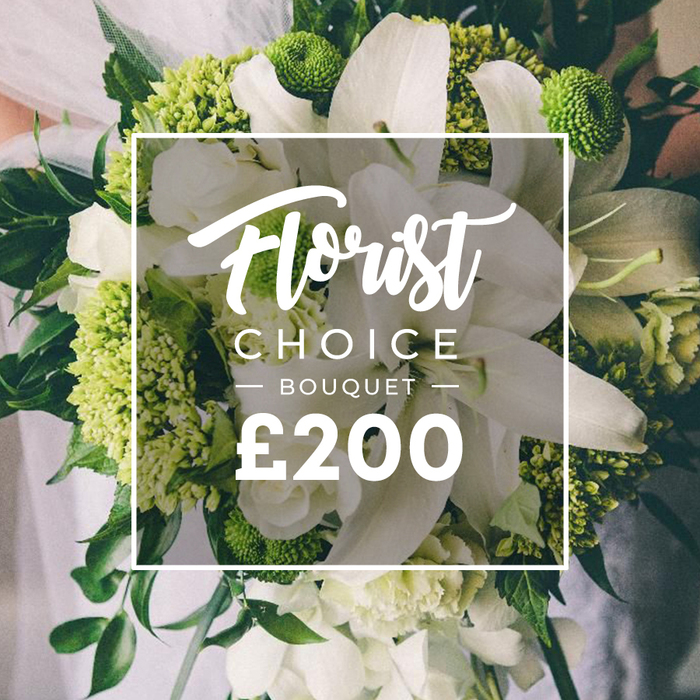 An elegant hand-tied bouquet, dominated by crisp white blooms and lime greens, commands the frame from Flowers Stanmore. Large white lilies open their petals with pure, quiet majesty, while clusters of lime-green blooms-reminiscent of Green Trick dianthus or viburnum-provide a bright, contemporary counterpoint. Smaller white blooms such as ranunculus or spray roses add delicate volume, and deep green foliage-eucalyptus and ruscus-stitch the composition together, granting depth and a natural rhythm. The arrangement looks freshly hand-tied, held by a person against a softly blurred backdrop that hints at wedding attire. Centered, a pristine white frame overlays the bouquet, with Florist Choice at the top in script, BOUQUET in uppercase with dash-like accents, and a large bottom price signaling premium value. The overall impression is timeless sophistication, ideal for weddings, anniversaries, or milestone celebrations, with reliable delivery across Stanmore, Canons Park, and the surrounding Harrow communities. The balance of classic white and modern greens reflects a refined taste and Flowers Stanmore's commitment to quality, freshness, and artistry.