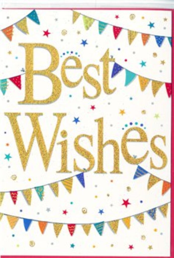 Shown against a clean white background, this congratulations card radiates cheerful sophistication, much like a bright morning strolling past the independent shops and tree-lined avenues of Stanmore. At the centre, the words Best Wishes appear in large, ornate gold script, each letter sculpted in a flowing, calligraphic style that suggests the stroke of a well-inked pen. The gold finish shimmers gently, with a look of foil or fine glitter that would catch the light as the card is tilted, giving the message a festive sparkle without feeling overdone. Enclosing the greeting above and below, strands of bunting curve across the width of the card, reminiscent of decorative flags strung high at a community celebration or school fair. The tiny triangular pennants are richly coloured in shades of sapphire, scarlet, lime, sunflower yellow, and violet, with each flag featuring its own lively pattern - from neat stripes and tiny dots to small mosaic-like designs. These variations lend a sense of individuality and joy, as though each flag represents a different moment worth celebrating. Interspersed among the bunting are dainty star shapes and round confetti dots in similar tones, scattered loosely across the white space. They create the impression of motion, like paper confetti caught in a soft breeze near Stanmore Common. The overall effect is one of upbeat elegance and genuine warmth, perfect for sending congratulations on achievements big or small. This is the sort of card that might be slipped into a bouquet lovingly arranged by Flowers Stanmore, adding a golden shimmer of encouragement and best wishes to a fresh, fragrant display.