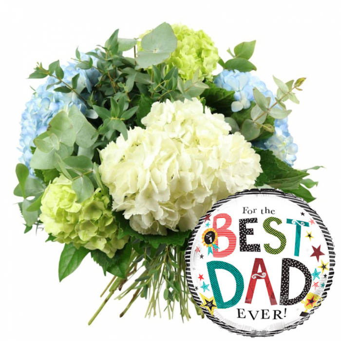 This image shows a joyful, modern Father's Day gift, styled with the care of an experienced local florist in Stanmore and set against a bright white background. Dominating the upper left and central area is a lush bouquet of hydrangeas, hand-tied into a generous, rounded cluster. At the centre lie large heads of creamy white hydrangeas, their many tiny petals pressed closely together to form soft, textured spheres that catch the light gently, like clouds glowing at dusk. Around and between these are cool light blue hydrangeas, especially noticeable to the left and top, adding a calm, steady note that feels as tranquil as the open spaces of Stanmore Country Park. Bright lime green hydrangeas are tucked among the blooms, particularly at the lower left and right edges, providing a lively, uplifting contrast reminiscent of fresh spring growth around Stanmore's gardens and tree-lined avenues. Sprigs of silvery-green eucalyptus weave through the bouquet, their round leaves and soft matte finish pairing with darker green foliage to give depth, movement, and a sense of natural abundance. The stems are gathered neatly at the base, straight and visible, showing that this is a freshly prepared, hand-tied arrangement ready for local delivery. In the lower right portion of the image, overlapping the bouquet, a shiny, round foil balloon adds a festive note. The balloon has a white centre encircled by bold black-and-white stripes at the top and bottom, lending a smart, graphic border. In the middle, playful typography spells out For the BEST DAD EVER! with letters in red, teal, green, black, and cheerful patterns, accompanied by a small No.1 rosette near the word BEST. Stars of various sizes and colourful dots in yellow, teal, red, and black are scattered across the surface, suggesting confetti in mid-air. The combination of cool hydrangea tones and the lively Father's Day balloon creates a heartfelt, celebratory gift, perfect for honouring dads across Stanmore.
