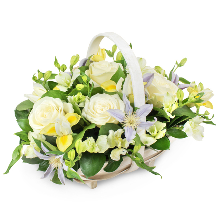This photograph shows a refined funeral flower basket, carefully arranged and presented against a crisp white background that highlights every tone and curve. The basket itself is a pale beige wicker with a softly arched handle, its neat, even weave giving a sense of tradition and reassurance. Within it, the flowers rise in a generous dome, gently overflowing yet still perfectly composed. Dominating the arrangement are creamy white roses, each one fully open with layered, velvety petals that catch the light and suggest peace, innocence, and enduring love. Threaded gracefully through the roses are star-shaped clematis flowers in delicate lavender and periwinkle hues, their petals slender and slightly pointed, framing luminous yellow-green centres that add a touch of subtle brightness. Nestled between these larger blooms are clusters of small, freesia-like flowers in shades of white and soft pastel yellow. Some are open in dainty trumpets, others still curled tightly, bringing a sense of movement and life. Encircling the flowers is a wealth of green foliage: deep, glossy leaves that create structure and contrast, along with lighter sprigs that soften the edges, much like the gentle, tree-lined streets surrounding Stanmore. The overall palette remains cool and calming, a blend of white, cream, soft yellow and lilac, ideal for expressing sympathy, remembrance, or quiet support. This is the kind of basket that could rest gracefully at a funeral service, a memorial near Stanmore station, or a private house where family and friends gather to reflect, providing a subtle yet sincere floral presence at a time when comfort and warmth are deeply needed.