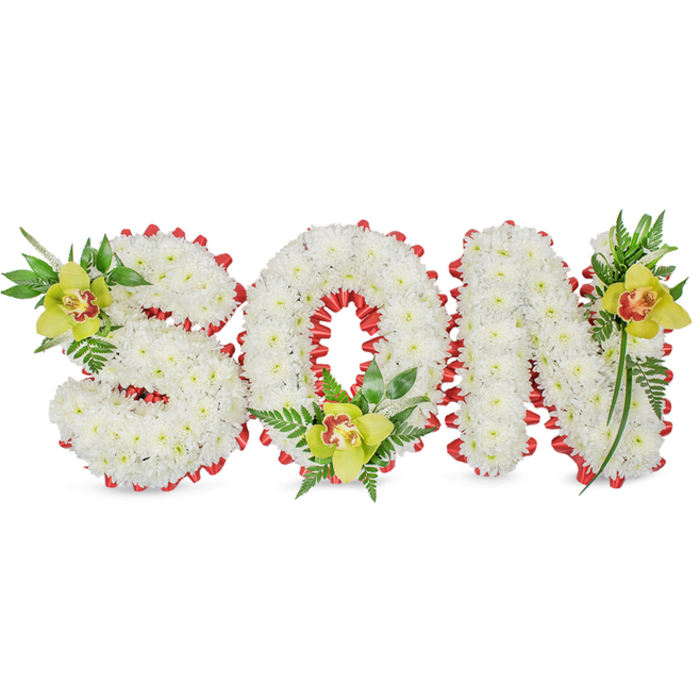 A carefully composed memorial display spells 'SON' in full, three-dimensional letters, each letter formed from dense clusters of small white chrysanthemums that create a soft, sculpted surface reminiscent of rising cloudbanks. The pure white petals are closely packed for a uniform, tactile field, and the entire perimeter of every letter - including the inner ring of the 'O' - is edged with a bright red ribbon folded into small scalloped loops, offering a vivid, defining outline that draws the eye. Accent clusters of yellow-green Cymbidium orchids, each with a distinct reddish-brown marking in its throat, punctuate the design: one nestled on the upper left curve of the 'S', another cradled within the base of the 'O', and a third placed at the upper right of the 'N'. These orchids, with their smooth, waxy texture and subtle scent, sit amid varied green foliage and delicate fern fronds that trail slightly outward, providing natural movement and a sense of living grace. The composition is lit so that gentle shadows emphasize the depth of the letters and the contrast between the crisp white chrysanthemums, the glossy greens, and the ribbon's warm red. Intended as a dignified funeral or graveside tribute, the design conveys love, remembrance and quiet honour for a son. Local families in Stanmore and nearby Harrow often choose this personalised lettering style when arranging commemorations around Stanmore Broadway and the leafy areas near Canons Park.