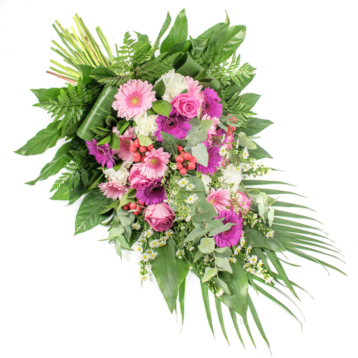 Against a stark white background, this asymmetrical funeral spray stretches from the upper left to the lower right in a flowing diagonal, creating a sense of motion that is both serene and purposeful. The palette is thoughtfully chosen: soft pastel pinks sit alongside deeper fuchsia and magenta, grounded by touches of lilac and accented with pure white blooms, all set against a verdant base of varied greenery. At the heart of the design, large, round gerbera daisies in blush and vibrant fuchsia act as radiant centres, their slim petals arranged in neat, concentric circles. Around them, graceful pink roses with tightly layered petals are placed at differing angles, some nestled low, others lifting slightly forward, adding depth and visual interest. Between these focal flowers, clusters of fluffy white blooms-resembling small chrysanthemums or mini carnations-introduce a gentle, cloud-like softness, while delicate sprays of tiny, white, daisy-shaped flowers lend an airy, almost whimsical touch, much like the simple wildflowers seen near the open fields around Stanmore. Bright red hypericum berries are dotted throughout the spray, providing small, glossy accents and a satisfying textural contrast to the softness of the petals. The entire composition rests on a structured bed of foliage: broad, glossy green leaves supply a steady framework, feathery fern fronds soften the silhouette and add lightness, and rounded eucalyptus leaves in a silvery-green tone offer a subtly modern feel and the suggestion of a fresh woodland scent. At the lower right, long, slender palm fronds extend outward, underlining the diagonal, cascading line of the tribute. At the upper left, neatly bundled stems reveal the hand-tied nature of the piece. Lovingly prepared by Flowers Stanmore, this spray is an ideal choice for funerals or memorials in the area, evoking warmth, remembrance, and a respectful farewell.