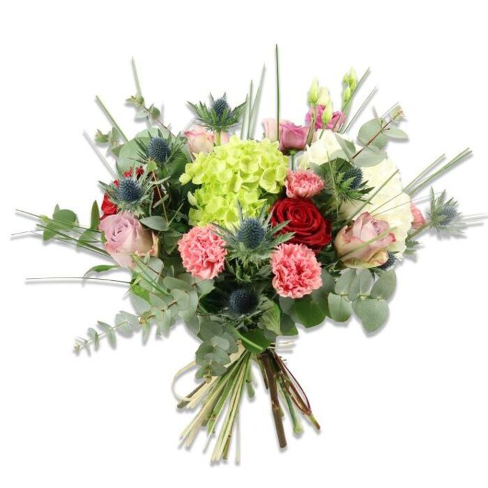 This hand-tied bouquet reads like a study in contrasts-softness balanced with structure-presented on a stark white ground that highlights every subtle hue and surface. The eye is immediately drawn to a central, plump lime-green hydrangea whose mass of tiny florets creates a clouded, tactile centre. Surrounding it, a chorus of roses-soft pastel pinks and creams alongside a few deeply saturated red heads-offers both the gentlest blush and the most formal note, petals layered like silk. Scattered between these are cheerful coral-pink carnations, their ruffled edges providing a warm, textured counterpoint that catches the light with a slightly playful shimmer. Architectural spikes of Eryngium bring a cool, blue-grey metallic tone and a slightly wild, sculptural silhouette that lifts the arrangement and adds visual intrigue. Lush foliage-round, silvery eucalyptus leaves and long, narrow blades of green grass-frames the bouquet, giving it depth, scent, and a modern, garden-fresh outline. The stems have been expertly gathered and tied at the base with natural fibre, exposing sturdy, freshly cut stems and emphasizing the artisanal nature of the work. Under soft daylight the range of finishes-from velvety rose petals to papery thistle bracts and cushiony hydrangea clusters-creates a rich interplay of shadow and texture. Thoughtful and versatile, this bouquet suits many occasions: a Mother's Day surprise, a table centre for a small Stanmore gathering, or a heartfelt gift left on a doorstep near Stanmore High Street. The overall impression is one of considered abundance and quiet elegance, scented faintly of eucalyptus and summer mornings.