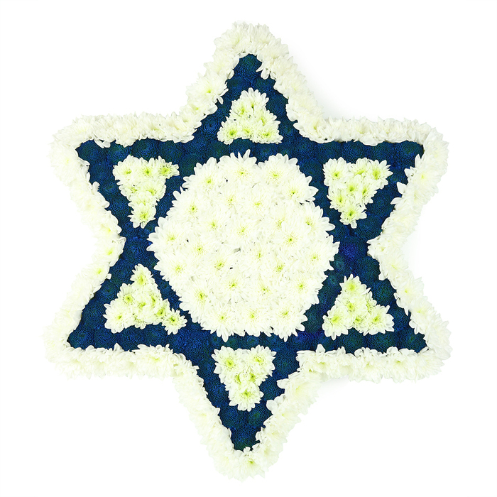 A carefully balanced Star of David floral tribute is displayed against a clean white backdrop, every line and petal clearly defined. The iconic six-pointed shape is built from thousands of small, fresh blooms in two contrasting hues: pure white and a deep, resonant blue. Along the full outer perimeter of the star, a thick band of soft white chrysanthemums provides a plush outline, giving the rigid geometry a softer, more compassionate feel. Inside this outer frame, a white hexagon made of the same flowers forms a calm, steady centre, its edges neatly aligned to match the star's precise geometry. Radiating from this central shape, six triangular sections of closely packed blue flowers create the points of the Magen David, the intense navy colour suggesting quiet strength and solemn dignity. At the inner base of each blue point, a smaller triangle of white blooms has been artfully inserted, pointing inward and creating a repeating motif that adds visual interest and sophistication. The texture is rich and layered, evoking cool, lightly scented petals that have been freshly arranged. This tribute could easily be imagined on a stand in a Stanmore synagogue, or delivered by Flowers Stanmore to a funeral service or home near Stanmore Hill or Canons Park. The interplay of white and blue, along with the religious symbolism of the star, makes it an especially fitting piece for Jewish funerals, yahrzeit memorials, or shiva, expressing condolences while honouring cultural and spiritual identity. The overall impression is one of serenity, respect, and a deep, enduring connection to community.