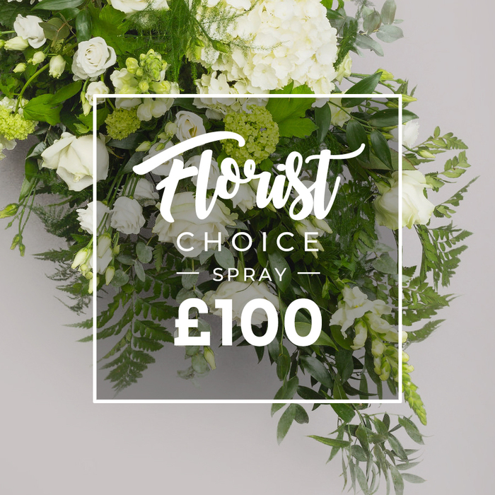 An abundant white-and-green meditation sits within the frame, the top heavy with soft hydrangea clusters and white roses at multiple bloom stages. Lisianthus mingle among the blooms, their white petals catching light, while round, pure-green foliage-ferns, eucalyptus-like leaves, and glossy darker leaves-build depth and a sense of natural ease. The composition radiates quiet elegance, balanced by a slender white border that frames a central overlay. The overlay carries Florist Choice in a graceful script, SPRAY in uppercase sans serif, and the price £100 at the bottom, the whole appearing with a touch of translucence so the greenery remains visible beneath. This premium spray embodies refined simplicity, suitable for sympathy tributes, formal gifts, or refined event decor. When ordered from Flowers Stanmore, it can be delivered across Stanmore and neighboring NW London neighborhoods, offering dependable freshness and expert styling from a trusted local team.