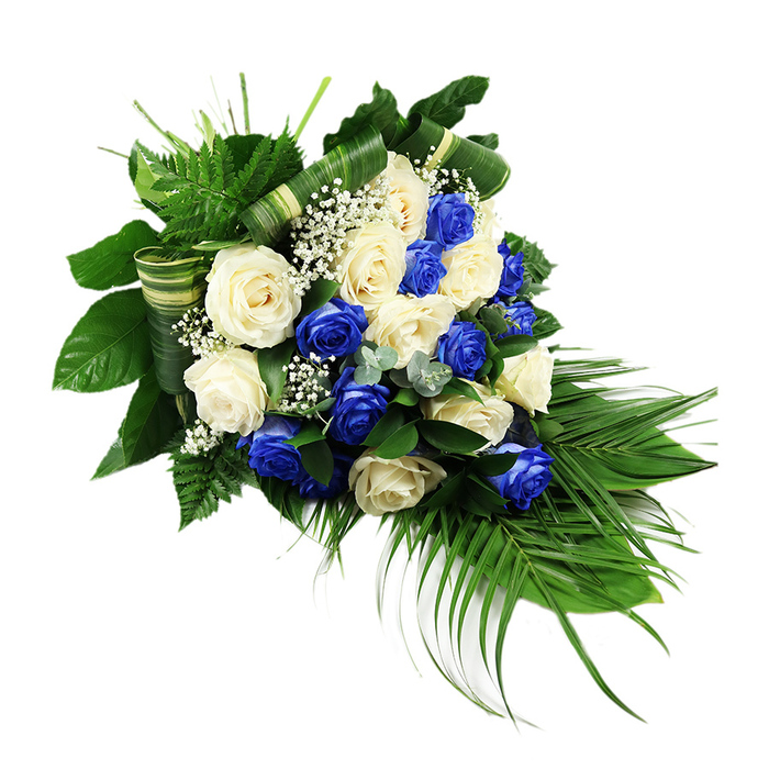 A luxurious cascading funeral spray in rich blue and soft white roses stretches diagonally across a stark white background, capturing the eye with its flowing teardrop silhouette. The arrangement is densely filled with roses, each bloom fully open and texturally lush. Approximately half of the flowers are a vivid sapphire blue, their saturated colour giving depth and a sense of solemn grandeur, while the remaining roses are creamy white to pale ivory, adding balance and an aura of purity. The blossoms are interwoven so the colours alternate and blend in a calm, rhythmic pattern that draws the gaze along the length of the design. Nestled between the roses are delicate clusters of white baby's breath, their tiny, cloud-like flowers softening the transitions between bold hues and lending a gentle, almost ethereal quality. Surrounding the blooms, an abundant mix of greenery forms both a frame and structure: broad, dark green leaves create a rich, grounding backdrop; bright green fern fronds lift upward and outward from the top left, adding texture and lightness; and a fan of long, elegant palm fronds sweeps down from the lower right, carving out the arrangement's characteristic cascade. Subtle bluish-green eucalyptus sprigs are scattered through the foliage, their rounded leaves introducing a cool, silvery-green accent and a different texture. Along the midsection, wide leaves are folded and wrapped into neat, horizontal bands of green and cream, offering a tailored, modern detail that underscores the professional artistry of the piece. The overall feeling is of dignified beauty and peaceful remembrance, a fitting tribute for a loved one from the Stanmore community, whether placed in a local church, at a crematorium, or in a quiet chapel near Canons Drive or Bentley Priory.