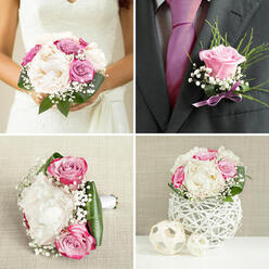 A single groom's boutonnière is shown in close-up, its design a graceful echo of the bridal bouquet for a Stanmore wedding. At its heart, a soft lilac rose unfolds in polished layers, the petals curled with poised elegance, neither too tight nor fully open. Around it, tiny white clusters of baby's breath create a halo-like softness, while fine, feathery greenery adds texture and a breath of natural movement, reminiscent of the gentle foliage around Bentley Priory. The stems are bound with a slender lavender ribbon, wrapped neatly and secured with quiet precision, the satin surface catching a glimmer of light that hints at celebration. The colour palette-lilac, creamy white, and fresh green-is understated yet deeply romantic, suggesting a groom who values thoughtful detail and harmony with his partner's flowers. The camera focuses closely, so you can see the subtle veining on the rose petals and the light, cloud-like structure of the gypsophila, all set against a neutral, softly blurred background. This simplicity allows the craftsmanship to shine: each element placed to balance proportion and texture without overwhelming the eye. The boutonnière feels like more than a small accessory; it reads as a fragrant talisman of joy, pinned to a lapel for promises made in a local Stanmore venue or a ceremony room near the high street. Its modest size belies its emotional presence, capturing the spirit of the day in one carefully chosen flower and a few whispered accents of greenery.