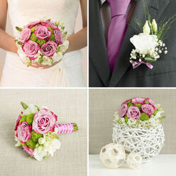 A soft, romantic bridal bouquet lies ready as though waiting to be lifted from a dressing table in Stanmore, accompanied by a matching groom's boutonnière. The bouquet's shape is classic and round, centred on a generous cluster of mauve-pink roses whose petals curl delicately at the tips, creating layers of subtle colour like watercolour brushstrokes. Between the roses, vivid green button chrysanthemums are nestled, their neat, domed heads adding a playful structure and freshness that keeps the design from feeling too formal. Creamy white lisianthus and similar pale blossoms thread through the bouquet, their frilled petals forming airy, cloud-like pockets of softness around the stronger rose tones. The foliage is thoughtfully placed: some leaves are close and compact, framing individual flowers, while others extend slightly beyond the main outline, adding gentle movement and depth. The stems are carefully aligned and wrapped in a pale satin ribbon, secured with discreet folds and possibly small pins, made to sit comfortably in the bride's hands as she steps out onto a quiet Stanmore street or into a local synagogue or church. The light in the image is tender and diffused, highlighting the velvety surfaces of the roses and the crisp texture of the greenery. Off to one side, the boutonnière echoes the bouquet in miniature, featuring a single white bloom accompanied by fine greenery and a slim strip of coordinating ribbon, ready to be pinned to a lapel. Together they create a cohesive, elegant set that feels intimate and timeless, perfectly suited to a wedding celebration in the leafy surroundings of Stanmore.