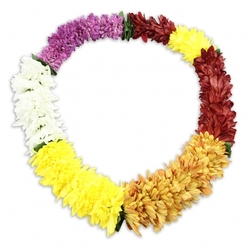 A single floral lei, rich with colour and texture, is displayed in a closed oval against a flawless white backdrop, as if carefully positioned on a table in a quiet Stanmore chapel. The garland is strung from tightly grouped artificial flowers, each one reminiscent of a small chrysanthemum with densely layered petals that give the whole ring a plush, cushioned look. Starting from the top and gliding clockwise, the colours form a gentle gradient: a saturated, velvety purple band transitions slowly into a cool, pristine white section, the contrast clear yet harmonious. From there, the palette brightens into a cheerful yellow, then softens into a deeper, honeyed golden tone that suggests the warm, slanting light that falls over local gardens off Marsh Lane in late afternoon. As the circle continues, the hues shift into a more somber, reflective band of reddish-brown and maroon flowers, adding emotional depth. The ring then closes with a final flash of bright yellow, creating a visual echo that links past and present. Tiny glimpses of dark green leaf-like elements can be seen between some of the colour blocks, providing structure without stealing attention from the petals. A subtle shadow directly beneath the lei anchors it in space and emphasises its smooth, continuous contour. The overall impression balances celebration with respect, making this lei an apt choice as a tropical-inspired funeral tribute for services across Stanmore, where families might seek a symbol that captures both the joy of a life remembered and the tenderness of saying goodbye.