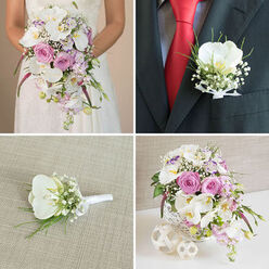 A four-image collage highlights a harmoniously designed suite of wedding flowers, the kind of coordinated styling often chosen by couples marrying in Stanmore's churches or local reception venues. The overall mood is romantic, polished, and softly luxurious, built around white phalaenopsis orchids, blush pink roses, and touches of lavender and fuchsia. In the top left panel, a bride is shown from the waist down in a white lace wedding dress, holding a lavish cascade bouquet. The flowers tumble naturally from her hands: arching white phalaenopsis orchids with warm yellow centers, plump blush garden roses, and pale lavender stock nestled among tiny stars of baby's breath. Wisps of greenery and deeper pink, almost fuchsia, spiky accent blooms elongate the silhouette, giving the bouquet a graceful, downward sweep that suits a formal aisle walk. The top right panel zooms in on the groom's lapel. Against a dark charcoal or black suit and a vivid red tie, a single white orchid boutonnière stands out crisply. It is surrounded by dainty clusters of baby's breath and slim green foliage, all neatly bound with a slim white ribbon, subtly echoing the bride's bouquet. In the bottom left, that same boutonnière rests on a textured beige cloth, its creamy orchid petals, feathery gypsophila, and tidy stem wrapping clearly visible, showing the florist's careful hand. The bottom right image shows a wedding table centerpiece in a white lattice-style cylindrical vase. White orchids, soft pink garden roses, lavender stock, baby's breath, and fresh greenery are arranged in a loose, full dome, with a few deep pink spires threading through. Two coordinating white woven spheres sit alongside, adding sculptural interest to the otherwise clean white table, creating a cohesive look ideal for a Stanmore reception dinner.