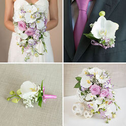 This four-panel collage presents an elegantly coordinated wedding flower collection, the kind you might see at a chic Stanmore hotel reception or a ceremony near Bentley Priory. Each panel reveals a different but harmoniously linked design, all built around white phalaenopsis orchids, blush and pink garden roses, lavender tones, and airy touches of baby's breath. In the top-left panel, only the upper body of the bride is shown, dressed in a strapless white gown, her hands gently holding a generous cascading bouquet. The bouquet pours downwards in soft layers of open white orchids, pale pink roses, mauve blossoms, and loose trails of greenery, giving a sense of movement and softness, as though caught mid-step down the aisle. 

The top-right panel zooms in on the groom's lapel, drawing attention to a single white orchid boutonniere fixed neatly to a deep grey suit jacket. Small lavender filler flowers peek out around the orchid, and a slim purple ribbon secures the stem, its hue echoing the magenta tie that sits just beneath the lapel. The contrast between the dark fabric and the luminous white bloom makes the boutonniere feel like a small, deliberate jewel of colour and texture. 

In the bottom-left panel, another boutonniere is carefully laid on a piece of textured, light beige fabric. This one features a fresh white orchid bud, tiny sprigs of baby's breath, and a touch of greenery, tied with a vivid pink ribbon. It has a slightly more playful feel, well-suited for groomsmen or a stylish civil ceremony in and around Stanmore. 

The bottom-right panel completes the story with a lush cascading arrangement displayed in a decorative white woven vase. White orchids drape over the vessel, mingling with layers of pink and lavender roses and specks of purple filler flowers and baby's breath. Three white woven spheres of varying sizes sit nearby on a pristine white surface, echoing the vase's texture and lending a sculptural, contemporary note. Together, the four images convey the sense of a fully coordinated wedding flower scheme, each piece designed to mirror the others in colour, form, and romantic, softly lit atmosphere.