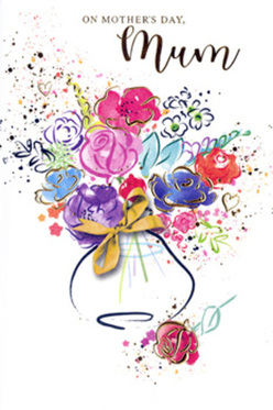 Mother's Day card featuring a richly coloured, painterly bouquet that feels like a florist's sketch inspired by Stanmore's leafy streets. In the heart of the illustration, vivid pink and magenta blossoms open generously, edged in deep indigo that highlights each petal with a confident, fluid line. Among these brighter flowers, soft lavender, gentle blue, and pale lilac blooms weave delicately, bringing a sense of calm that echoes an early-morning walk around Canons Park. Fine gold detailing traces the curves of some petals and leaves, adding a soft shimmer, much like sunlight glinting through the trees. The bouquet gathers in a loose, rounded form and rests in a simply indicated vase, completed by a painted gold bow at its base, suggesting a hand-tied arrangement prepared by skilled local florists. Scattered around the central display, there are flicks and splashes of colour, small hearts, and dots in pink, blue, and gold, floating across a white background and giving the sense of petals or confetti tossed in celebration. The composition feels airy yet full, with every brushstroke conveying affection, gratitude, and the wish to make Mother's Day in Stanmore feel truly special. It is a floral scene that seems almost to move, as though the bouquet is alive with joy, captured at the perfect moment of bloom.