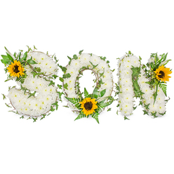 An intimate, expertly formed sympathy tribute that spells SON with three bold capital letters, each densely composed of small, immaculate white chrysanthemums whose clustered petals create a plush, serene surface and a subtle, clean fragrance. Interwoven throughout the white floral foundation are trailing ivy stems with deep green, glossy leaves and lighter, feathery fern fronds that add architectural contrast and a sense of continuity, suggesting growth beyond loss. Three radiant sunflowers, their golden-yellow petals surrounding pronounced dark brown centres, provide warm focal points: a prominent sunflower is placed on the upper left curve of the S, a second rests at the bottom centre of the O nestled among fern tips, and a third bright bloom accents the upper right of the N. The combination of cool white, vivid yellow, and varied greens creates a comforting visual cadence, each colour playing a distinct emotional role from peace to remembrance to hopeful light. Photographed on a clean white backdrop with soft, even lighting, the tribute's textures and shadows are rendered delicately so family and friends can appreciate the craftsmanship. Prepared by Flowers Stanmore for local services around Stanmore Broadway and Canons Park, this arrangement is offered as a personal, handcrafted way to honour a beloved son, bringing a gentle, uplifting presence to a funeral or memorial setting while remaining rooted in local care and floral expertise.