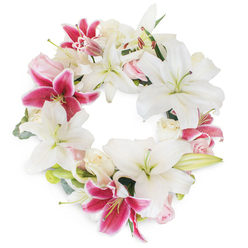A tranquil and elegant wreath comes alive against a flawless white background, its floral artistry echoing the dignity of Stanmore's leafy surroundings. White lilies open wide in serene greeting, their snowy petals and green stamens creating a soothing foundation, while magenta and fuchsia pink lilies punctuate the arrangement with bursts of vibrant emotion-each star-shaped bloom like a cherished memory come to life. Blush and ivory-toned roses, some tightly furled, others softly blooming, rest among the lilies, their delicate layers suggesting a gentle touch and quiet comfort. A few tender sprigs of muted foliage peep from the background, lending subtle structure and freshness, reminiscent of strolls through Canons Park. This unbroken circle of flowers, crafted with care and the attentive artistry of a Stanmore florist, evokes themes of remembrance, eternity, and support. The wreath is ideal for funerals, memorials, or heartfelt condolences, every detail thoughtfully composed to inspire calm, reassurance, and a sense of unity for families and friends gathering to honour a life. Its harmonious balance of form, colour, and texture tells a story of beauty and care rooted in Stanmore's community spirit.