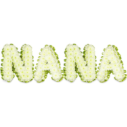 A striking sympathy tribute spells NANA in perfectly formed, cloudlike letters crafted entirely from snowy white button chrysanthemums, each bloom tightly clustered to create a soft, sculpted surface that reads as both delicate and substantial. The petals' tiny, rounded shapes form a serene, tactile texture that invites a gentle, reverent touch, while the trimmed green ribbon-like foliage that outlines each letter provides a crisp, living contrast-like a frame of fresh leaves that defines and lifts the white petals from the stark backdrop. Under bright, even lighting the arrangement shows clear depth: the blooms sit full and firm, their centers slightly shadowed, giving the letters three-dimensional presence suited to a funeral chapel or visitation table. The overall impression is one of calm and dignified remembrance; the cool whiteness suggests purity and peace, the green trim a quiet nod to renewal. As local florists at Flowers Stanmore would arrange for families in the Stanmore area, this piece is designed to convey love and gratitude for a grandmother, often ordered for graveside services at Bentley Priory or for viewings near Stanmore Station and Stanmore Hill. The scent is subtle - the clean, green note of fresh foliage and the faint, powdery perfume of chrysanthemum - and the craftsmanship shows meticulous attention to density, symmetry, and transport so that the tribute arrives fresh and intact. It reads as a respectful, personal farewell: a visual emblem of memory, comfort, and honour for a cherished Nana.