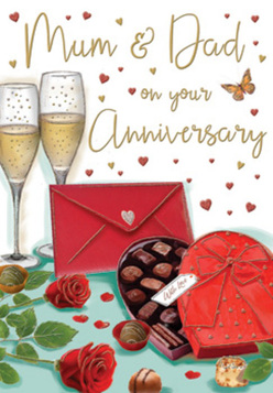 The anniversary card illustration presents a richly romantic scene that could be imagined on a special night in Stanmore, perhaps after a celebratory dinner at home. Dominating the centre are two tall champagne flutes, their graceful stems and curved bowls drawn with fine lines that catch a soft glow. Each glass is filled with a golden sparkling drink, bubbles drifting upwards as if frozen in the moment just before a heartfelt toast. Resting just in front is a heart-shaped box of chocolates, coloured in a luxurious shade of red and topped with an elaborate satin bow that arcs and folds with a sense of movement. The lid is slightly tilted to reveal a generous selection of glossy chocolates inside, each piece distinct and inviting. To one side, two deep red roses lay across a bed of fresh green leaves, the petals full and velvety, reminiscent of a carefully prepared anniversary bouquet from a skilled Stanmore florist. Highlights on the petals and leaves suggest texture and freshness, allowing you to almost sense their soft touch and romantic scent. A few chocolates spill onto the tabletop, adding a relaxed, lived-in feel to the otherwise elegant arrangement. Floating across the background, tiny hearts in shimmering gold and rich crimson dance around the hand-lettered message for "Mum & Dad," lending the design a playful yet heartfelt tone. At the bottom, a bright scarlet envelope rests neatly, hinting at an intimate letter or anniversary card written from the heart. The composition captures the essence of long-lasting love-warm, indulgent, and deeply appreciated, much like the quiet evenings families cherish in Stanmore.