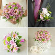 This collage of four images reveals how a single floral theme can gracefully run through an entire wedding day in Stanmore, from bouquet to buttonhole to table décor. In the top-left panel, a bride in an intricately patterned white lace gown is shown from the shoulders down, cradling a lush, rounded bouquet. The bouquet brims with pale pink and lavender roses at different stages of bloom, their soft petals juxtaposed with crisp, bright green button chrysanthemums. Light pink alstroemeria with subtle yellow speckles and delicate sprays of white baby's breath add movement and a gentle haze, all supported by dark green foliage that frames the design. The top-right image brings us closer to a groom's ensemble: a charcoal grey suit jacket and a striking fuchsia tie, anchored by a coordinating boutonniere. This small piece features a single blush pink rosebud, tiny lime-green chrysanthemums, gypsophila, and slender green grass, all tied together with a narrow pink ribbon, ideal for a groom walking down the aisle in a Stanmore synagogue or registry office. In the lower-left panel, a similar bouquet is laid horizontally on a light, subtly textured beige fabric, offering a closer study of the stems bound neatly with bright fuchsia ribbon and the carefully spiralled placement of each flower. The lower-right image completes the story with a matching centerpiece positioned on a white surface. A compact mound of pink and lavender roses, green button chrysanthemums, pink alstroemeria, and baby's breath is nestled in a white spherical vase with an intricate woven lattice design, accompanied by two smaller decorative spheres, creating a chic, cohesive look for Stanmore wedding receptions.