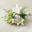 A hand-tied bouquet of white lilies and purple lisianthus rests horizontally on a softly textured, light beige linen surface, the kind of neutral background you might find on a calm morning table in a Stanmore home. The large Oriental lilies dominate the arrangement, their trumpet-shaped blooms fully open or just unfurling, petals a clean, luminous white with a hint of sheen that catches the gentle, even light. At the heart of each lily, slender filaments tipped with warm yellow anthers provide a subtle contrast, while faint speckles deepen near the throat. Threaded between these star blooms are clusters of lisianthus, their ruffled white petals edged in rich violet and lavender tones, like watercolour strokes along the petal rims. Some of these lisianthus are in full, soft bloom; others are still in bud, pale green and purple-tinged, promising to open over the next few days. Fine, cloud-like sprays of white gypsophila nestle between the larger flowers, creating a light, airy veil that softens the composition. Around and beneath the blooms, feathery asparagus fern and other slender green foliage spill outward, adding movement, texture, and a fresh garden feel, as if just gathered from a well-tended plot near Stanmore Country Park. The stems are compactly drawn together at the right-hand side, suggesting a firm, comfortable grip for a bride or gift-giver, even though the ribbon binding is mostly hidden by greenery. The overall mood is serene and sophisticated yet quietly joyful, suitable for a Stanmore wedding bouquet, a springtime anniversary delivery along London Road, or a gentle sympathy tribute offering purity, peace, and a touch of regal purple grace.