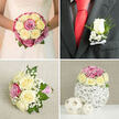 This four-panel image captures a cohesive wedding floristry suite in a mellow palette of cream, pale yellow and blush to mauve roses, softened with clouds of tiny white filler flowers and fresh green leaves, photographed in gentle daylight that brings out velvet petal tones. Top-left shows the bride from chest down clasping a perfectly round bouquet against a lace-detailed white gown; cream and pale-yellow roses dominate, while deeper pink and magenta blooms provide contrast, all interlaced with baby's breath and glossy foliage so that the bouquet feels both classic and tactile. Top-right focuses on the groom's boutonnière on a dark gray suit-one pristine white rosebud nestles with baby's breath and a small sprig of greenery, the stems finished with a tidy white satin bow, sitting beside a bold red tie that gives the portrait a refined pop of colour. Bottom-left presents a smaller posy or bridesmaid's bouquet resting on a textured off-white linen: open cream and pale yellow roses mingle with pink blossoms, abundant fluffy filler blooms, and a pink-and-white striped ribbon handle that suggests handcrafted attention. Bottom-right shows a compact table centre made from the same flowers, placed in a white spherical twig vase with two natural woven balls nearby, lending a subtle rustic-modern feel to reception styling. As a local florist familiar with Stanmore High Street and Canons Park weddings, I can see how this combination would read beautifully in a community hall or church near the Jubilee line-each piece designed to be viewed and to smell faintly of freshly cut roses.
