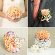 Captured across four panels, this cohesive wedding suite shows how a peach, purple and white palette carries from ceremony to reception with a gentle, considered touch familiar to brides planning celebrations in Stanmore and nearby Canons Park. In the top-left image a bride holds a rounded bridal bouquet against her ivory gown: a tight cluster of pale peach roses anchors the arrangement, ringed by ruffled white lisianthus edged in lively purple and sprinkled throughout with delicate baby's breath that gives the bouquet an airy halo. The stems are neatly concealed under a peach ribbon wrap, hands tenderly holding the bouquet with the calm of a quiet morning. Top-right, the groom's charcoal jacket shows a single peach rose boutonniere, dotted with baby's breath and fine foliage and secured with a small blush ribbon that harmonises with a matching solid peach tie - a refined, contemporary complement to the bride's blooms. Bottom-left presents a smaller, compact posy resting on textured woven fabric, its handle embellished with a peach wrap and tiny pearly pins that catch the light; this evokes a bridesmaid or toss bouquet sized for movement. Bottom-right features a wedding table centrepiece: the same peach roses and purple-edged lisianthus arranged in a rounded dome inside a white, woven basket-style vase, set beside two soft beige decorative spheres. The overall impression is tactile-velvety rose petals, crisp lisianthus edges, whispering baby's breath-and quietly fragrant, exactly the kind of cohesive styling our customers seek when booking local florists in Stanmore. (Flowers Stanmore prepares similar schemes for local weddings.)