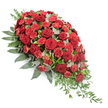 Against a crisp white background, this large red funeral spray is shown in full, allowing its refined teardrop shape and luxurious detail to be clearly appreciated. The arrangement begins broad and full at the upper left, where the flowers cluster most densely, and extends diagonally downwards to a gently tapering point at the lower right, evoking a soft, cascading motion. Deep red roses form the emotional core of the design; each bloom is fully open, with velvety petals layered in elegant spirals that suggest both strength and tenderness. Nestling between the roses are red spray carnations and classic carnations, their many ruffled petals providing a slightly lighter red note and a delicate, feathery texture. This combination of blooms creates a rich tapestry of crimson tones, visually conveying heartfelt remembrance. Around the flowers, an abundant framework of greenery adds contrast and structure. Broad, dark green leaves frame the outer edge, establishing a defined silhouette and sense of fullness, while rounded, silvery eucalyptus leaves weave gracefully among the blooms, introducing a cool, muted green that softens the intensity of the reds. From the lower right tip, slender tendrils of trailing foliage drift away from the main body, enhancing the sense of flow and giving the spray a more natural, organic finish. The light in the image is even and understated, highlighting the fresh gloss of the leaves and the soft, matte quality of the rose petals. It is easy to imagine this tribute resting on a casket or at the front of a service in Stanmore, created by local florists to honour a beloved life with quiet beauty and sincere respect.