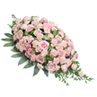 A soft and dignified funeral spray is displayed, designed as an elongated teardrop rich with pastel roses and carnations. The arrangement lies flat against a clean white background, which accentuates every shade of pink and every curve of green foliage. At the top, the spray is rounded and full, composed mainly of soft pink roses whose velvety petals open outwards in gentle layers. Their colours drift between pale blush, muted rose, and hints of warm peach-pink, creating a gentle, soothing palette. Interwoven with these roses are clusters of light pink and peach-toned carnations, each bloom ruffled and delicately fringed. The carnations fill the spaces between the larger blooms, giving the design a deeply cushioned, almost quilted appearance. As the eye travels down the length of the spray, the flowers gradually narrow toward a pointed tip, where trailing greenery softly cascades and tapers away. The foliage beneath and around the blossoms is a deep, vibrant green, with broad, shiny leaves providing structure and finer, more slender stems adding a sense of natural movement along the edges. Under even lighting, the contrast between the pastel petals and the dark greens is clear yet gentle, reinforcing the calm and respectful mood. This spray would make a thoughtful tribute for a Stanmore funeral, perhaps resting on a casket at a local service or placed as a central display at a memorial gathering near Canons Park. It expresses sympathy and enduring love through its quiet beauty, echoing the peaceful character of Stanmore's tree-lined streets and open spaces.
