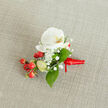 At the centre of this petite boutonniere sits a pristine white phalaenopsis orchid, its broad, velvety petals unfolding with quiet dignity and a faint yellow-orange throat that invites a closer look. Around it, clusters of tiny white gypsophila form a soft, cloud-like cushion, their frothy blooms lending a breathy, romantic texture that contrasts beautifully with the orchid's smooth planes. Bright red hypericum berries punctuate the arrangement in small groups, their glossy skins and cheerful roundness supplying a festive, almost jewel-like accent. Pale green, elongated buds emerge here and there, hinting at life and freshness, while deep green, smooth-edged foliage-likely salal-frames the arrangement with a lush, grounding presence. The stems are bound with a scarlet satin ribbon tied into a neat knot, a refined flourish whose short tail points to the right and echoes the berries' colour. The boutonniere rests on a light beige, subtly textured fabric surface - think linen or burlap - which gives the composition a warm, handmade backdrop and allows the whites and reds to stand out. Gentle, diffused light sculpts the forms and reveals the glossy leaves and velvety orchid petals, suggesting the softness of a spring morning. Perfect for a groom or guest walking out from Stanmore High Street or arriving at a reception near Bentley Priory, this buttonhole balances classic elegance with a hint of rustic charm. Available for careful local delivery across Stanmore and surrounding Harrow, it's an accessory meant to be worn close to the heart on days of celebration.