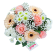This bouquet embodies the soft, warm radiance of Stanmore's peaceful gardens on a fresh spring day. Its focal point is a cluster of blush-pink roses, their spiralling petals unfolding with elegance and gentle fragrance. Surrounding these are peach-toned and cream gerberas, shining with cheerful, dark centres and evoking rustic joy. Wispy clouds of baby's breath are tucked throughout, each tiny bloom creating a soft, floating veil that imbues the bouquet with dreamy lightness. Here and there, you'll find clusters of white spray and pom-pom chrysanthemums, some tipped with bright green, reflecting the vitality of Stanmore's vibrant parks. Deep green eucalyptus or salal leaves peek from beneath, providing structure and a rich contrast. In the lower right, a simple white tag inscribed in upbeat green and pink with Happy Flowers adds a playful, personal note-like a cheerful message from a Stanmore neighbour. This meticulously crafted bouquet, ideal for celebrations or a comforting pick-me-up, is as artful and welcoming as Stanmore itself-ready for swift local delivery, and certain to spark joy and heartfelt connection.