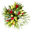This compact, mounded bouquet is a study in respectful elegance, set against a clean white background and pictured from a gentle overhead angle that reveals every layered detail. At its heart are many cream-white lilies and pale yellow-green lily buds-tapered, long and promising-while one pristine lily has opened fully near the lower right, trumpeting out a soft, sculptural cup of petals and faint yellow stamens. Scattered among and beneath these are a dozen deep red roses, their velvety, tightly furled petals giving poignant dots of colour that echo traditional sympathy palettes. Surrounding the blooms is a generous sweep of foliage: broad, glossy green leaves provide weight and structure; narrow, palm-like fronds fan out to soften the silhouette; and clusters of cool, silvery eucalyptus leaves add a subdued, textural contrast that calms the composition. The overall effect is one of quiet dignity and careful balance, where shape and hue conspire to offer comfort rather than spectacle. You can almost sense the lilies' green, soapy scent blending with the subtle, spicy sweetness of roses and the earthy note of wet foliage, as if arranged in the cool morning light of Stanmore Common. As a florist's tribute, this bouquet reads as both contemporary and timeless-appropriate for funerals, memorial services, or as a thoughtful condolence gift delivered within Stanmore and to nearby Harrow. The arrangement's restrained palette and considered textures are designed to convey respect, remembrance, and gentle consolation without overwhelming the senses.
