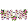 A three-dimensional floral tribute carefully formed into the letters MUM, photographed against a clean white backdrop so the textures read clearly. The body of each letter is built from a dense, cloud-like mass of pristine white chrysanthemums, their small, papery petals packed closely to create a soft, almost cushiony surface that catches the light in gentle highlights. Woven through that white base are small clusters of deep magenta and violet blooms that give the letters subtle patterned depth and a quiet rhythm rather than a stark contrast. Bright pink spray roses punctuate the composition: a compact cluster sits to the upper left of the first M, a larger, more generous spray nestles into the lower curve of the U, and a matching cluster balances the upper right of the second M. Rich green foliage-including fern fronds and varied leaves-frames those rose clusters, while tiny blue accent flowers are threaded sparingly to add a cool whisper of colour.
A delicate purple ribbon edges the shapes and a slim, dark horizontal bar runs behind the letters, entirely hidden by blooms from the front but providing the structure that keeps the piece unified and easy to place at a funeral plinth or mantel. The overall effect is one of quiet dignity and tender care: the tactile whiteness speaks of remembrance and innocence, while the pink roses offer warmth and affection. This is a bespoke sympathy tribute often requested by families in Stanmore, from Stanmore Broadway to the streets around Canons Park, where relatives ask for arrangements that read clearly in the morning light at wakes and memorial services. The design emphasises careful craftsmanship and floral harmony, intended to comfort and honour a cherished mother with understated grace.