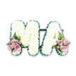 In this photograph, a graceful funeral letter tribute spells out MA, a simple yet powerful way to honour a mother at a service in or near Stanmore. The arrangement is shot against a pure white background, so every detail of the flowers is clearly visible. Both capital letters are generously covered with pure white chrysanthemums, their many-petalled heads nestled tightly together. The surface they create is soft and cushiony, forming delicate waves and shadows that give the tribute a gentle, cloud-like look. Despite this softness, the structure of the letters remains sharp, making the sentiment easy to read even from the back of a chapel. Along the perimeter of each letter, a deep green ribbon is carefully pleated, tracing the angles and curves with precision. This tidy border frames the white blooms, adding contrast and echoing the calm greenery that characterises much of Stanmore. At the base of the left-hand leg of the M and the right-hand leg of the A, coordinated clusters of roses provide a tender touch of colour. Pastel pink roses and lilac roses, paired with smaller pink spray roses, are gathered into low, rounded sprays. Their petals, soft and velvety, open in gentle spirals, some still cupped and others fully bloomed. Light, feathery fern fronds and small leaves peek from beneath, giving the arrangement natural texture and movement. The overall impression is one of dignified affection-a tribute that would look at home beside the coffin in a local Stanmore church, synagogue, or crematorium, quietly expressing gratitude and love for a treasured Ma through serene white and pastel-toned flowers.