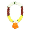 This photograph presents a ceremonial artificial garland set against a clean white background, its colours and shapes arranged with the measured care one often sees in Stanmore's places of worship during funerals and remembrance days. The garland hangs in a gentle U-shape, designed to rest gracefully over a framed image, casket corner, or shrine, every centimetre covered in soft, fabric-like petals. At the top, thick bands of white petals dominate, their fluffy, layered surfaces catching the light and conveying a feeling of stillness and purity. Within these white clusters, small green leaf segments peek out here and there, adding a gentle suggestion of natural foliage and renewing life. As the eye travels downward along each side, the white tones deepen into sections of rich maroon, a reddish-brown hue that brings weight and solemnity to the composition, well suited to the reflective mood of a funeral tribute in Stanmore. These maroon portions then transition into sweeping areas of bright yellow petals along the lower curve, bringing a quiet warmth and a subtle glow, as if honouring the light a loved one brought into the lives of others. Just above the lowest point of the garland, narrow segments of white petals interrupt the yellow on each side, creating visual pauses that guide attention toward the central feature. At the base, a large, rounded pendant of vivid orange petals hangs prominently, crafted from many densely packed clusters to form a full, marigold-like pom. This pendant serves as the heart of the garland, symbolising devotion, blessing, and enduring memory. The combination of white, green, maroon, yellow, and orange, along with the plush, tactile texture of the petals, results in a dignified, long-lasting artificial garland, ideal for funeral services, memorial ceremonies, and temple offerings throughout Stanmore.
