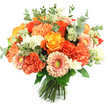 A bright, hand-tied bouquet sits upright against a clean white background, a compact globe of warm colours that reads like a pocket of autumn sunshine. At the centre several large roses open fully in shades of fiery orange and golden yellow, their velvety petals curling inward in elegant spirals that catch the light. Around them, coral and peach carnations create a dense, ruffled cushion, their frilly edges adding a soft, tactile contrast to the smooth rose faces. Peeking through the fullness are peach-pink gerbera daisies with open, radiating petals and subtle greenish centers that lift the composition. Small clusters of delicate white spray blooms, reminiscent of freesia or tiny chrysanthemums, scatter brightness through the arrangement and break the warmer tones with a clean, luminous note. Fine, feathery sprays of pale green, astrantia-like filler add breathy texture while rounded eucalyptus leaves in muted grey-green weave through the blooms, their cool scent and matte surface giving the bouquet a natural, garden-fresh backbone. The stems are neatly gathered and tied at the base, clearly hand-tied and ready for a vase. The lighting is soft and natural, the colours feeling immediate and uplifting; you can almost sense the rose perfume tempered by the crisp eucalyptus. This arrangement conveys warmth, celebration, and thoughtful gratitude-ideal for a birthday table, an anniversary surprise, or to brighten a neighbour's flat near Stanmore Broadway or a family gathering at Canons Park. It reads as both professional and homey, marrying florist craft with approachable seasonal charm for local delivery across Stanmore and surrounding streets.