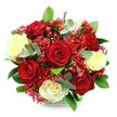 A rounded, hand-tied bouquet of red and creamy white roses is shown resting in a clear, glass-style container against a bright white background, the composition as polished and inviting as a carefully set table in a Stanmore home close to Stanmore Country Park. The bouquet's dominant note is its cluster of velvety red roses, each bloom fully open and layered with rich, deep petals that convey warmth and affection. Between them, creamy white roses, touched with the faintest hint of pale yellow near their centres, add a gentle brightness, creating a calming counterpoint to the intensity of the reds. Threaded throughout are airy plumes of scarlet gypsophila, the tiny, dyed blossoms forming a soft, cloud-like veil of red that fills the spaces between larger flowers and lends the arrangement a romantic, almost whimsical feeling. Among the petals, neat clusters of glossy red hypericum berries appear like small jewels, their smooth, rounded forms catching the light and introducing a joyful, subtly festive note that suits celebrations and special suppers around Stanmore. A frame of lush foliage encircles the bouquet, with dark green leaves offering solid structure and visual grounding, while small, rounded eucalyptus leaves in a silvery-green shade bring a cool, modern touch and a whisper of fresh, aromatic scent. At the base of the container, a glimpse of green-and-white check hints at thoughtful wrapping, suggesting a bouquet prepared with care by Flowers Stanmore for local delivery. The overall impression is elegant yet approachable, a perfect choice for anniversaries, romantic surprises, or simply brightening a quiet evening in this peaceful corner of north-west London.