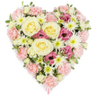 In this photograph, a beautifully dense heart-shaped sympathy arrangement is showcased against a pristine white background, its floral surface so full that not a single gap of foam or stem is visible. The heart's contours are softened and defined by an abundance of pastel pink carnations, closely packed so that their ruffled petals blend together into a plush, velvety texture. Nestled throughout this pink foundation are several striking cream and pale yellow roses, each one opening into a perfect spiral of soft petals, offering points of calm focus that naturally draw the eye. Threaded among the roses are clusters of white spider chrysanthemums, whose long, fine petals radiate from fresh green centres to add delicacy, light, and a slightly more linear shape to the otherwise rounded blooms. Deeper clusters of magenta and mauve-pink lisianthus are placed thoughtfully around the heart; their bell-shaped, slightly frilled flowers bring a sense of depth and emotional intensity that gently contrasts with the soothing pastels. Tiny sprigs of green foliage peep between petals, adding freshness and preventing the design from feeling too formal or static, reminiscent of gardens and green corners across Stanmore. At the very point of the heart, a hint of pale pink ribbon emerges, indicating that the piece has been carefully finished for display at a funeral, memorial service, or grave. The simple white background and clear, even lighting keep the viewer's focus on the loving detail of the flowers, conveying a message of sympathy, compassion, and enduring love for someone dearly missed, and reflecting the thoughtful work of local Stanmore florists who understand the importance of such tributes.