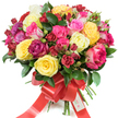 A lush, hand-tied bouquet of premium roses photographed against a clean white background, the composition arranged in a full, rounded dome that reads as both joyful and elegant. The palette is rich and varied: sunlit bright yellow roses sit beside creamy ivory blooms, soft blush and vivid fuchsia petals mingle with deep cherry red and burgundy heads, and some flowers show delicate bicoloured pink-and-white edges. The florist's craft is visible in the mix - large, fully open hybrid tea roses provide dramatic focal points while smaller clustered spray roses and tight, fresh buds create layered texture and a sense of abundant life. Dark green, glossy foliage-likely ruscus or salal-threads through the flowers, a verdant backdrop that makes each hue pop and gives the bouquet a garden-fresh silhouette. At the base the stems are neatly gathered and finished with a wide, bright red satin ribbon tied into a generous bow whose long tails cascade softly; tucked into the ribbon is a small white tag stamped with a stylised logo and the words Happy Holidays. The lighting is soft and even, catching the satin sheen of petals and the dewy surface of leaves, and you can almost sense a clean, slightly citrus-tinged rose fragrance. This arrangement feels celebratory yet intimate - perfect for birthdays, anniversaries, Valentine's Day or as a thoughtful holiday gift - and would be as fitting on a mantle in a Stanmore home as it is centre-stage on a dining table after a walk through Canons Park on a crisp morning.