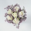 A sense of quiet elegance radiates from this Stanmore bouquet, seen from above-a pristine circle of white roses, their petals snowy and soft, unfurling in tranquil, graceful spirals. Encircling the central blooms is a misty ring of muted lilac statice, whose feathery blooms add both depth and an almost dreamlike quality, like early dawn light falling on the gardens of Stanmore. The bouquet sits serenely on a pale, understated background, its classic composition highlighting the artistry and meticulous attention of local florists. Every detail-from the blush of pale green at each rose's base to the airy cloud of purple filler-contributes to a feeling of peace and completeness. This arrangement, perfect for occasions that call for gentleness or understatement, embodies the spirit of Stanmore: tranquil, refined, and quietly heartfelt. Whether gracing a celebration, commemorating a milestone, or offering comfort, this bouquet brings a special lightness and beauty to every moment it touches in the Stanmore community.