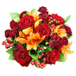 Seen from directly above against a pristine white background, this densely packed, circular bouquet reads like a small, celebratory tapestry of autumnal heat and classic romance. At the heart of the composition sit several large, fully opened deep red roses whose velvety petals spiral outward, their layered centers catching soft studio light and suggesting the warm, tobacco-tinged sweetness you expect when roses are freshly cut. Punctuating that ruby depth are bright orange Asiatic lilies - trumpet-shaped, some opened wide to reveal prominent stamens and subtle dark speckling, others at the elegant stage of unfurling or held tight as buds - their citrusy, spicy aroma imagined even in the still image. Nestled between these statement blooms are clusters of small, dark burgundy spray roses whose miniature, packed petals add luxurious texture and a shadowed jewel tone that deepens the palette. Glossy, round hypericum berries appear in scattered groupings, their scarlet surfaces catching highlights and offering playful, tactile contrast to the soft petals. Broad, fresh green leaves, likely ruscus or salal, peek and fan out beneath the flowers, providing cooling relief and framing the warm reds and oranges. The lighting is gentle and even, emphasizing surface sheen and petal structure without harsh shadow, making the arrangement read as both opulent and approachable. A Stanmore resident might imagine this bouquet brightening a table near Canons Park or arriving as an anniversary surprise after a walk on Stanmore Common - a composition that quietly declares love, celebration, and seasonal joy while remaining perfectly at home in local front rooms or as a thoughtful gift.