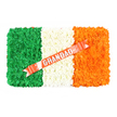 A floral tribute styled as the Irish Tricolour is presented in a top-down photograph, resting on a bright white background that sharpens every colour and line. The rectangular arrangement is divided into three equal vertical bands. On the left, a band of rich green is built from tightly packed, small round flowers with a subtly domed shape, creating a velvety, continuous surface. The petals overlap closely, so the green appears smooth yet textured, like a finely woven fabric. In the centre, a band of pure white blossoms offers a calm, gentle contrast, the slightly ruffled petals catching delicate shadows and enhancing the sense of depth. On the right, a band of bright orange flowers completes the flag, the repeated forms and vibrant pigment giving a feeling of warmth and life. Diagonally traversing the white and orange stripes is a coral-red ribbon with a satiny sheen, starting near the lower left of the central area and climbing to the upper right edge. It lies perfectly straight and carefully positioned, emphasising the professionalism of the design. In elegant silver block capitals, the word GRANDAD stands out across the ribbon, clear, centred and emotionally resonant. A few small white pins secure the ribbon to the white floral band, introducing tiny points of light and fine detail. The arrangement evokes a quiet, respectful atmosphere, suggesting a meaningful farewell for an Irish grandfather in Stanmore, perhaps at a local chapel or cemetery, where family and friends gather to share memories while this vivid floral flag silently honours both his life and his cultural roots.