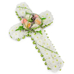 A dignified funeral flower cross is shown against a bright white background, its calm, structured beauty symbolising faith and remembrance. The entire cross is meticulously covered with small, pristine white chrysanthemums, or similar button-style blooms, placed so close together that they form a soft, uniform blanket of petals. This unbroken whiteness gives an impression of purity, stillness, and spiritual peace. Around the very edge of the cross runs a narrow border of vivid green foliage and floral edging, cleanly tracing the outline of the arms and base. This touch of green gently frames the design and provides a quiet contrast, reminiscent of the fresh greenery found in Stanmore's gardens and surrounding countryside. At the heart of the cross, where the beams intersect, a raised central spray becomes the emotional focal point. In this cluster, roses in soft peach, apricot, blush pink, and creamy ivory tones are gathered together, their velvety petals opening in layered spirals. Slender trails of bright green grass loop through and around the roses, while feathery fern fronds and small, dainty purple filler flowers add light texture and bring depth to the composition. The lighting is soft yet clear, casting only gentle shadows that reveal the three-dimensional quality of the arrangement without disturbing its tranquility. This floral cross would feel at home in a Stanmore church, chapel, or crematorium, or accompanying a loved one to their final resting place. It is a tender, handcrafted tribute, offering comfort and a visible sign of love, respect, and hope at a time of loss.