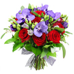 This striking bouquet combines the dramatic red roses with the regal purple orchids and softer lavender lisianthus, all set against a field of verdant foliage. The reds are velvety, the purples rich, and the greens fresh, with the arrangement forming a full, rounded shape on a crisp white background. The roses sit at the heart, their petals tightly furled in elegant spirals, while the purple Vanda orchids spread wide with their broad, speckled petals that catch the light. Smaller lisianthus cluster through the bouquet, adding lilac tones and a tender contrast. The greens range from broad glossy leaves to slender, airy sprigs that lend depth and movement. A scattering of tiny pale green filler blooms weaves through the stems, and the base is tied with a decorative dark mesh ribbon that creates a modern, airy bow. The overall effect is sumptuous and celebratory, ideal for weddings, anniversaries, or a magnificent gift. Deliveries to Stanmore and the surrounding NW London area are available, with same day options to suit busy schedules and ensure freshness. From the side, the bouquet reads as a confident, generous gesture, crafted to linger in memory. In the right light, the velvety reds glow and the purple orchids shimmer, inviting touch and admiration. This is a design that balances drama with warmth, suitable for marking milestones in Stanmore homes.