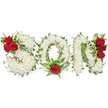 A tender, reverent floral tribute carefully spells the word 'SON' in three bold capital letters, each letter rendered as a soft, pillow-like mass of pristine white spray chrysanthemums against a clean white background. The chrysanthemums are densely packed so the letters read as a continuous carpet of tiny, velvety petals whose gentle, familiar morning-scent evokes calm and quiet remembrance. Through and around the white forms, glossy green ivy threads and small dark green leaves weave naturally, tracing the curves and angles of each character and adding living texture and a suggestion of lasting memory. Deep, velvety red roses punctuate the arrangement as intentional emotional anchors: a tight cluster of three roses rests at the upper left curve of the 'S', a single, prominent red rose nestles at the bottom centre of the 'O' surrounded by feathery fern fronds, and another vertical grouping of three rich red roses climbs along the right side of the 'N', each cluster cushioned by supportive foliage. The contrast between the pure whites, vibrant greens and passionate reds is both striking and intimate, a visual language of love, loss and respect. Soft studio light falls evenly across the piece, throwing subtle shadows that reveal the depth and hand-placed care of the composition. As a local florist's design meant for funeral services, chapel display or graveside homage in Stanmore - whether seen at a wake near Stanmore High Street or laid at a service close to Stanmore Common - this personalized letter tribute offers families a composed, heartfelt way to honour a beloved son, balancing dignity, tenderness and floral craftsmanship.