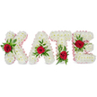 A dignified, handcrafted floral tribute spells the name KATE in bold three-dimensional block letters, each letter formed from a dense, cloud-like mass of small, pristine white chrysanthemums. The surface of every letter reads soft and pillowy under soft studio light, the tiny petals packed tightly to create a seamless, luminous canvas of white. Each letter's outer contour is gently finished with a pale pink satin ribbon that catches the light with a subtle sheen, offering a whisper of warmth against the cool white blooms. Set into the front face of each letter is a single, deeply red rose-richly colored and velvety-nestled among generous swathes of fresh green foliage that include broad glossy leaves and delicate fern-like fronds. On the 'K' the crimson rose and greenery sit toward the lower part of the left vertical stroke; the 'A' carries its rose at the apex of the triangular peak; the 'T' is highlighted by a rose at the base of the left side of its crossbar; and the 'E' is softened by its rose resting on the middle horizontal bar. The contrast of pure white chrysanthemums, pale pink ribbon, vivid red roses, and verdant greens creates a respectful, classical palette that reads as love, purity, and remembrance. The arrangement feels tactile and quietly fragrant-roses opening gently against the clean chrysanthemum backdrop-and would sit respectfully in a funeral chapel, memorial service, or celebration of life. As a local touch, this kind of bespoke lettering is familiar to families arranging tributes near Stanmore High Street and Canons Park, where neighbours often choose personalised floral lettering to mark a thoughtful farewell.