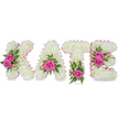 This is a bespoke, three-dimensional floral name tribute spelling out 'KATE', each letter sculpted from hundreds of small, pristine white chrysanthemums to create a soft, cloud-like surface. The chrysanthemums are packed tightly so the letters read as solid, plush blocks, their tiny petals overlapping like a dense winter blanket. A pale pink satin ribbon traces the inner edges of each letter, a delicate framing that gives the white forms a gentle, feminine outline. Hot pink roses - vivid, almost fuchsia in tone - form focal clusters on every letter: two opened roses and spray blossoms on the left arm of the K, a single full rose nestled within the lower curve of the A, a solitary bright rose at the base of the T, and two roses grouped along the right side of the E. Around those roses, deep and mid-green foliage, including fern-like fronds and glossy ruscus-style leaves, peeks out to add structure and a fresh woodland scent under the sweeter rose perfume. Small pale-pink buds and tiny accent blooms are tucked between the mums for subtle colour echoes. The arrangement sits freestanding against a clean white background; soft shadows beneath the letters give a sense of depth and the skill of the hand-wired construction. The overall impression is tender and dignified - luminous white contrasted with compassionate pinks, suited to a memorial or celebration of life. As an experienced florist, I imagine this tribute placed at the front of a service in Stanmore or at a commemorative table, its quiet elegance offering comfort and a clear, personal message of remembrance.
