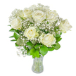 A graceful ode to purity and quiet elegance: this hand-gathered bouquet features roughly a dozen pristine white roses set against a bright, almost clinical white backdrop so every petal and leaf reads clearly. The roses range from fully open blossoms, their creamy centers unfurling in soft, velvety layers, to a few buds still gently loosening, which gives the composition a sense of natural rhythm and breath. Interwoven between the larger heads are sprigs of baby's breath-Gypsophila-forming a gauzy, cloud-like veil of tiny starry blooms that lift the design with an airy, ethereal texture. Lush green foliage, from deep emerald to fresher lime tones, nests the flowers and provides cool, satin contrast to the whites; the leaves' veins and glossy surfaces catch the light and add depth beneath the blooms. The stems are visible through a clear glass vase, cut neatly and submerged in clean water with a visible waterline that reassures of recent care and freshness. Soft, diffused lighting sculpts the petals and throws delicate shadows that feel like early spring morning, while the bouquet's faint, clean fragrance suggests a calm conservatory rather than an overpowering perfume. This arrangement reads as suitable for ceremonial moments, tender sympathy, or a refined celebration-an emblem of solace, affection, and understated joy. A local florist might place such a vase in a quiet Stanmore drawing room or set it for a reception near Canons Park, where the bouquet's subtle radiance would complement thoughtful conversation and quiet reflection.