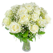 A hand-tied bouquet of pristine white roses sits poised in a clear glass vase, each blossom opening in smooth, layered spirals that catch the light like soft porcelain. The roses' petals carry a creamy warmth at their centers that fades to pure snow at the edges, and they float above a delicate cloud of gypsophila whose tiny white buds glint like starlight woven through the arrangement. Deep forest-green foliage peeks out beneath the blooms, glossy and lively, giving a fresh, grounded counterpoint to the airy, ethereal whites. The stems are visible through the glass, neatly gathered and trimmed to form a quiet vertical rhythm that balances the rounded heads above. In the gentle morning light you can almost smell the classic, subtle scent of fresh roses blended with a cool, linen-like freshness-an aroma that soothes and reassures. I picture this arrangement resting on a mantel in a Stanmore home after a walk through Canons Park or on a bedside table to bring calm into a new chapter; its tone is dignified, serene, and hopeful. It is the sort of bouquet I would choose for a wedding that favors quiet elegance, an anniversary marked by devoted simplicity, or as a graceful expression of sympathy and comfort. The craftsmanship is thoughtful and restrained: no excess, only the careful pairing of texture and tone so the flowers' natural beauty remains the focal point. Offered with considered care, this bouquet reads as a gentle promise-pure, composed, and quietly uplifting for whoever receives it.